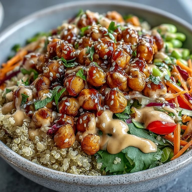 Creamy peanut sauce drizzled over a vibrant Peanut Chickpea Protein Bowl garnished with cilantro.