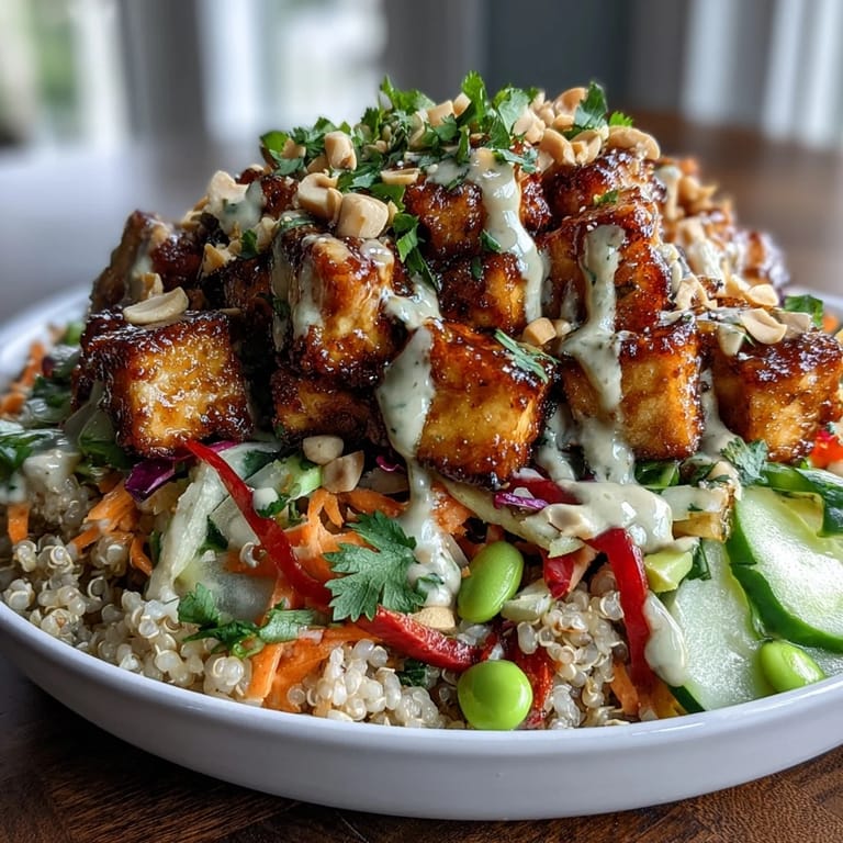 A close-up shows crunchy peanuts and sesame seeds sprinkled over a hearty Peanut Tofu Power Bowl.