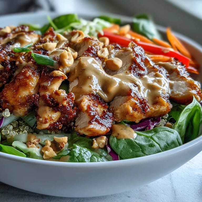 A close-up of a Peanut Chicken Power Bowl features colorful vegetables, fluffy grains, and chopped peanut garnish on top.