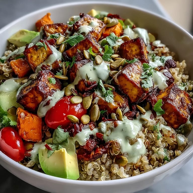 Hearty Customizable Grain Bowl with baked tofu, steamed broccoli, and avocado slices, finished with a drizzle of zesty lemon-tahini sauce for lunch.
