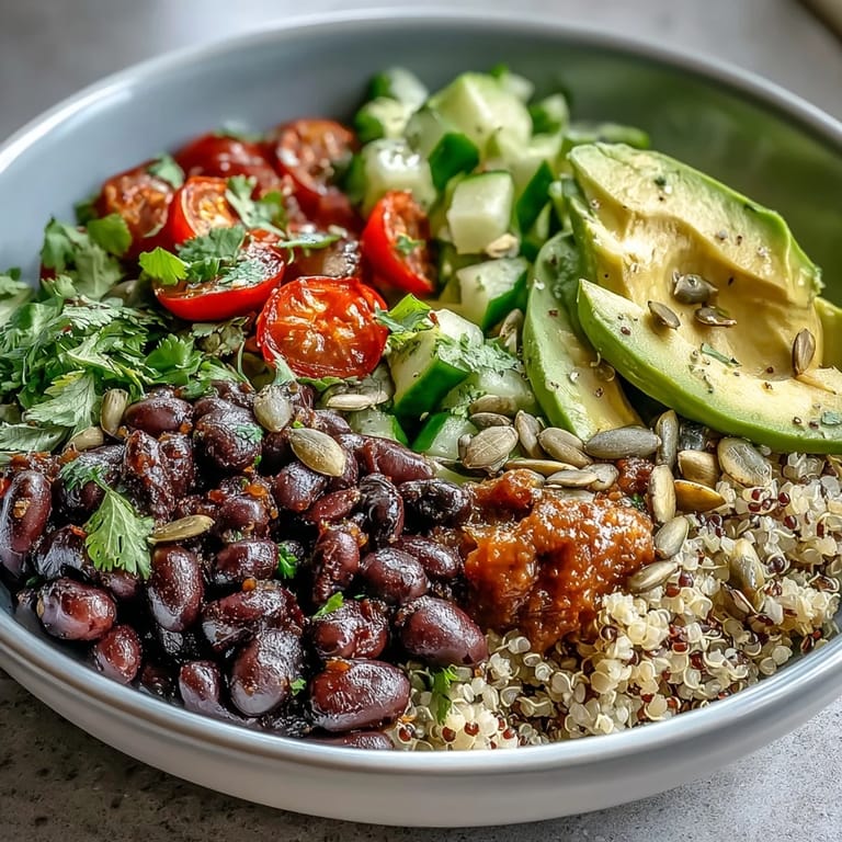 Hearty Three-Bean Power Bowl featuring crisp bell peppers and cherry tomatoes tossed in a zesty lemon dressing.