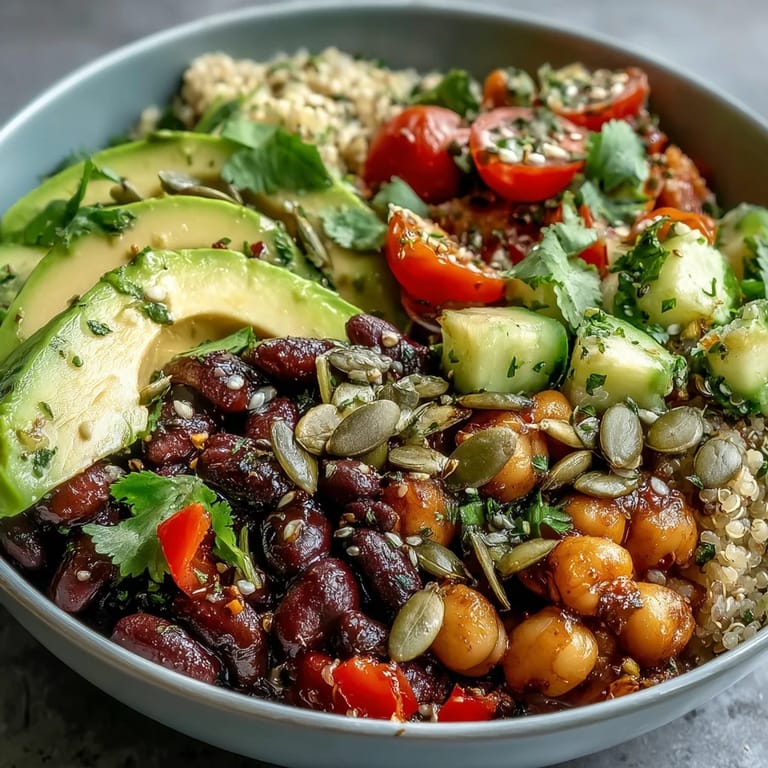 Colorful Three-Bean Power Bowl garnished with toasted pumpkin seeds and rich avocado, served as a satisfying meal.