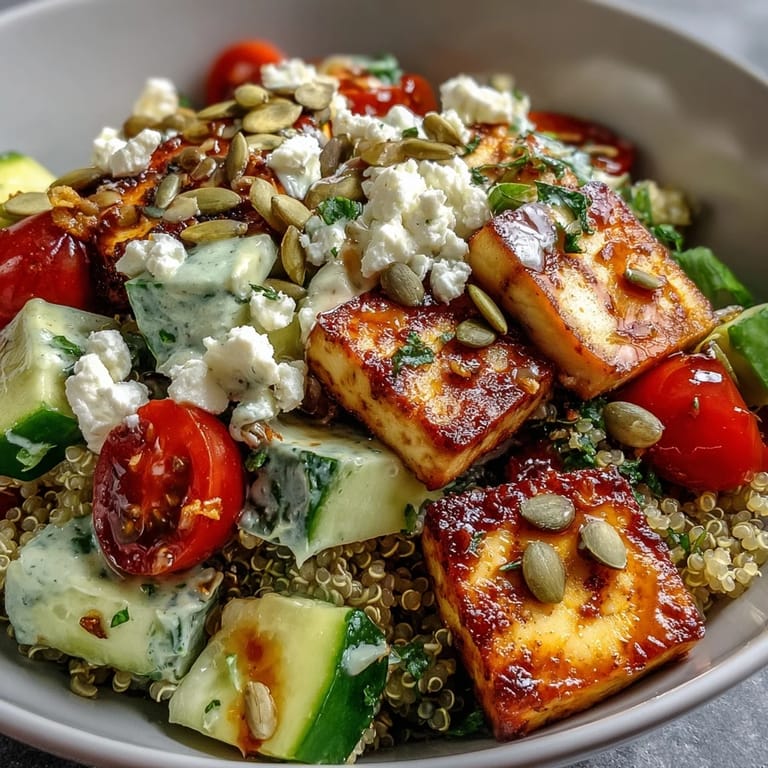 Vibrant Simple Grain Bowl with tofu, cucumbers, carrots, and pumpkin seeds, ready for a healthy lunch or dinner.