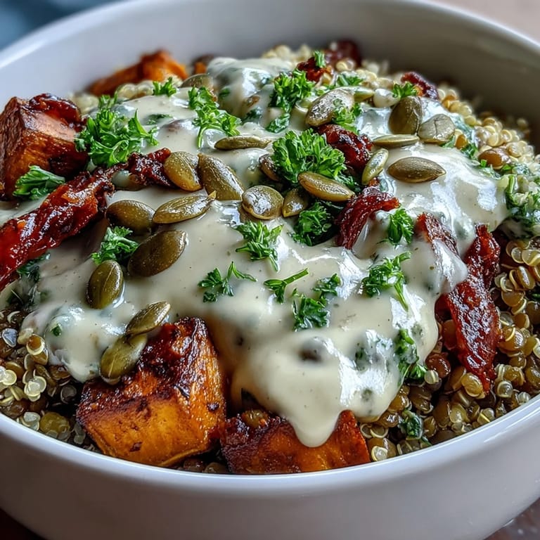 Assembled Lentil Power Bowl with fluffy grains, savory lentils, roasted vegetables, and a generous swirl of tahini dressing for a healthy meal.