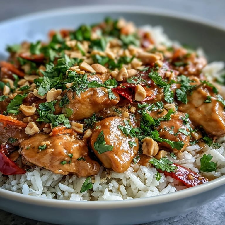 Close-up of Thai Peanut Chicken Bowl drizzled with spicy peanut sauce and fresh veggies.