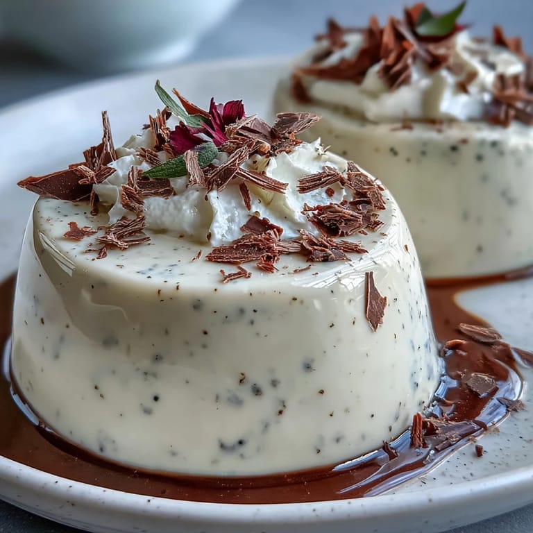 A chilled glass serving of Hojicha Panna Cotta features a dollop of whipped cream and a delicate edible flower.