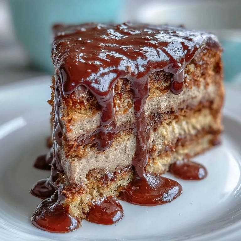 Sliced Hojicha Butter Cream Cake on a dessert plate, highlighting airy sponge, creamy hojicha frosting, and dark chocolate ganache drizzle.