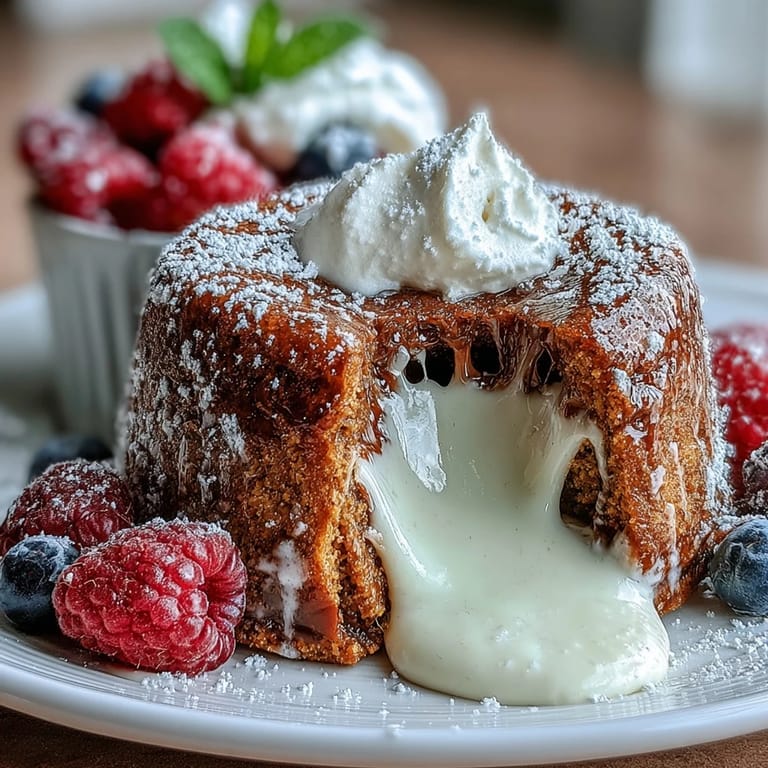 A freshly baked Hojicha White Chocolate Lava Cake is dusted with powdered sugar and paired with fresh raspberries for serving.