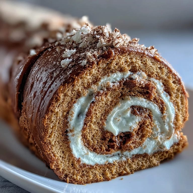 A rolled Hojicha Roll Cake with warm roasted tea cream and fresh mango inside, ready to enjoy with a cup of tea.