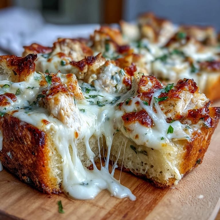 Freshly baked Chicken Alfredo Garlic Bread features a crispy crust, rich cheese blend, and savory chicken.
