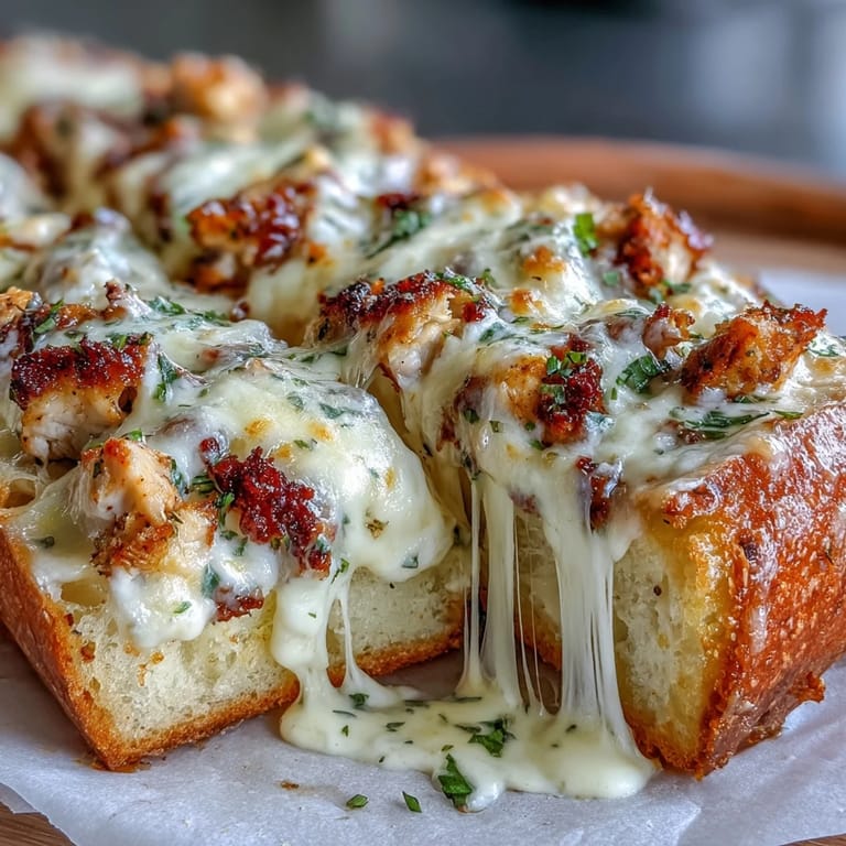 Slices of Chicken Alfredo Garlic Bread are served warm on a platter, garnished with fresh parsley.