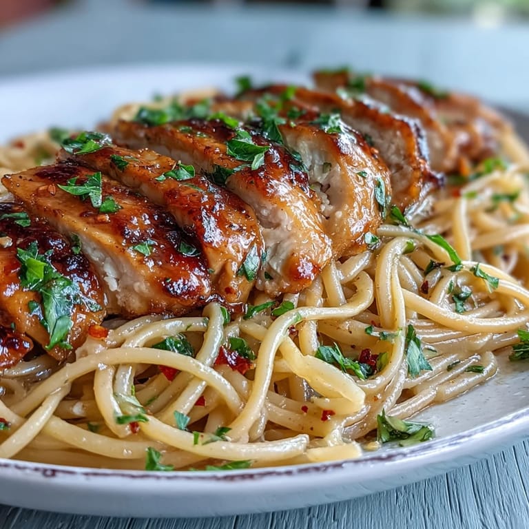 Sizzling skillet of Sticky Honey Garlic Chicken Pasta ready to serve, paired with a glass of white wine for dinner.