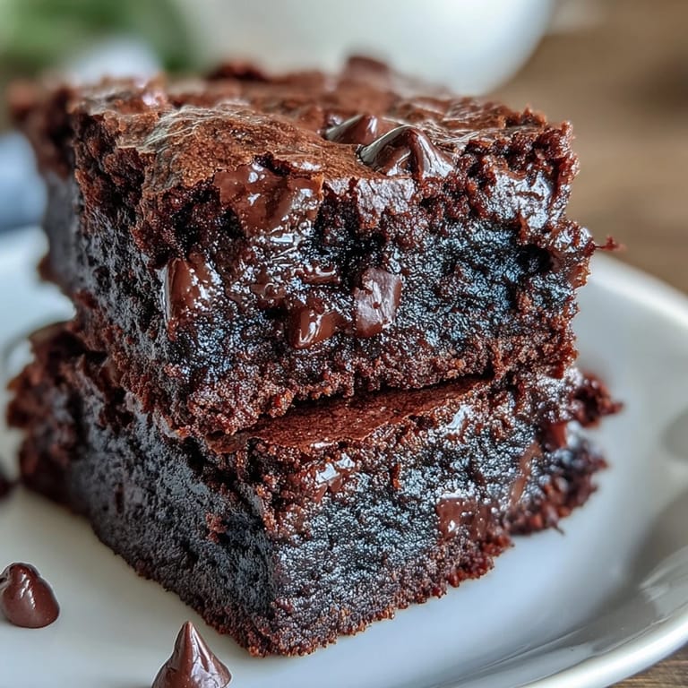 Stack of Greek Yogurt Brownies with a dollop of Greek yogurt and fresh raspberries on a rustic table.