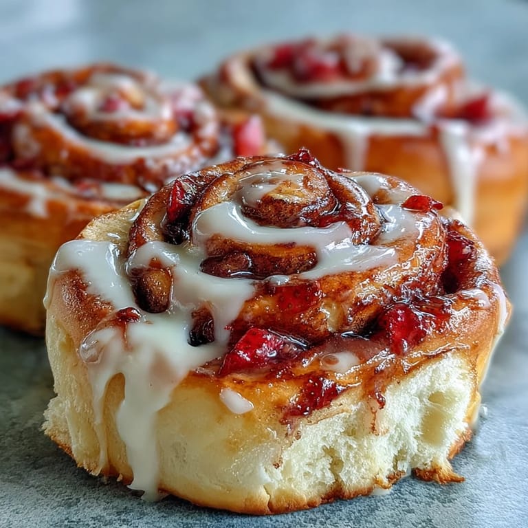 A batch of golden-brown Strawberry Cinnamon Rolls topped with melted cream cheese glaze, arranged in a glass baking dish.