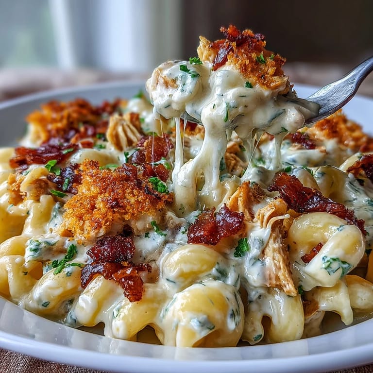 Close-up of Creamy Jalapeño Popper Chicken Pasta, showing a rich cream cheese sauce with shredded chicken and penne.