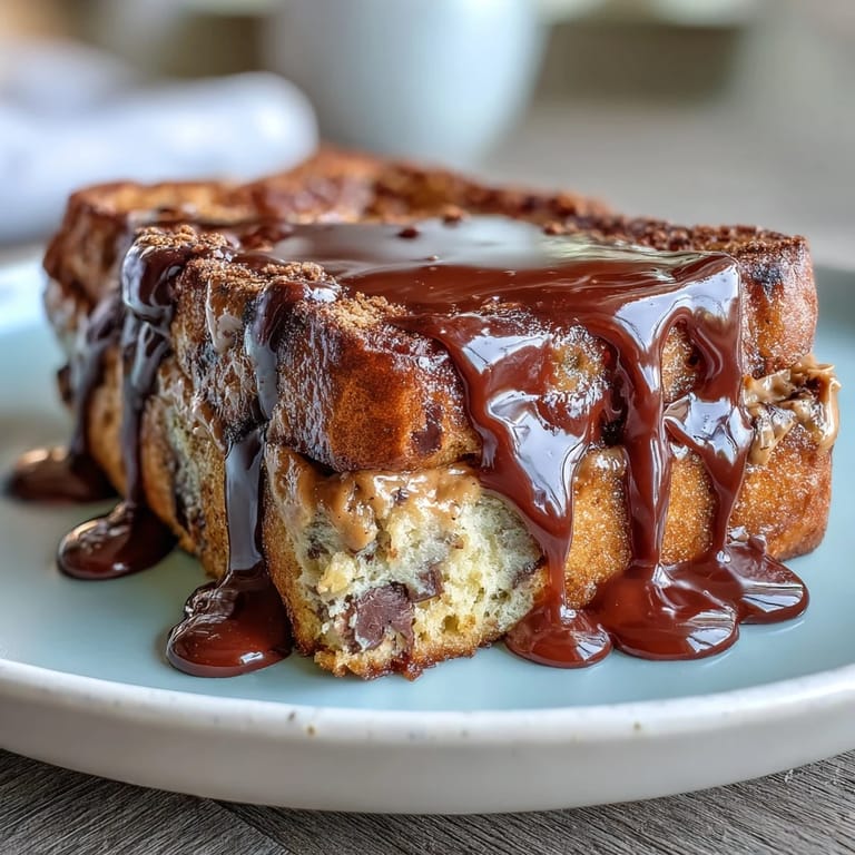 Bread cubes soaked in rich chocolate and peanut butter batter, baked to perfection in a glass dish.