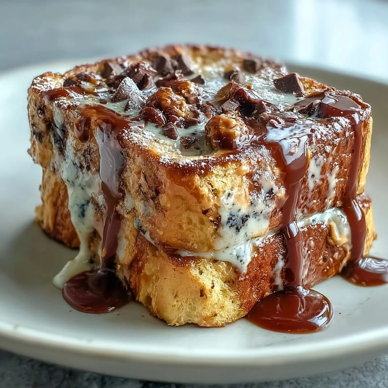 Serve this High-Protein Peanut Butter & Chocolate Baked French Toast topped with fresh berries and a peanut butter drizzle.