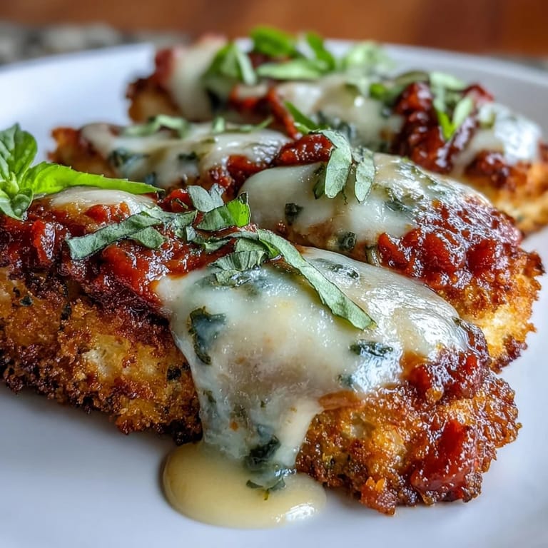 Close-up of golden Asiago-crusted Crispy Tofu Chicken Parm Bakes with bubbly, melted cheese topping.