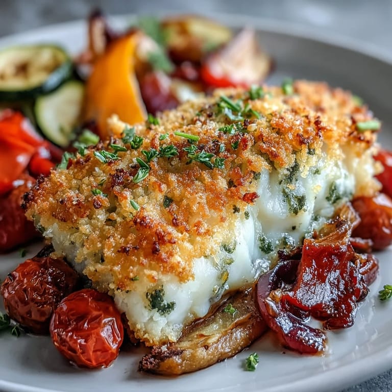 Melted Asiago and panko coating on tender cod, roasted on a single sheet pan with caramelized cherry tomatoes and onions.