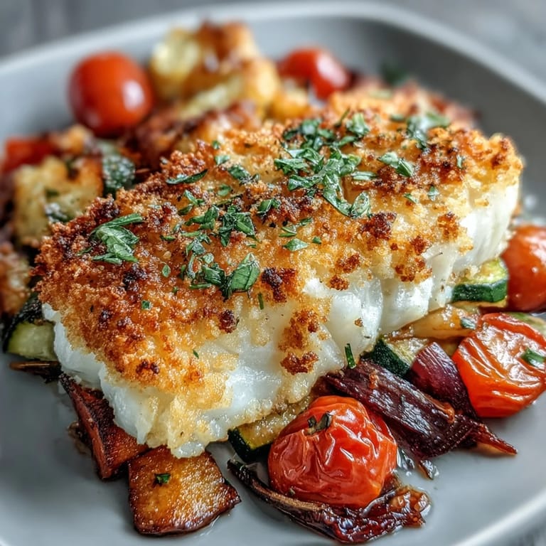 Crisp Parmesan Crusted Sheet Pan Fish fillets topped with fresh parsley, served alongside colorful veggies for an easy dinner.