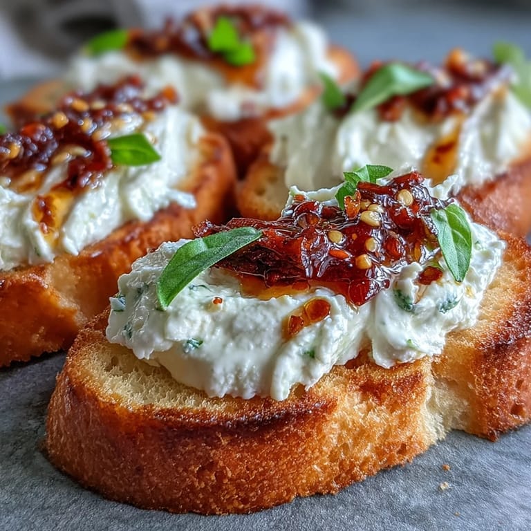 This easy Italian-American Hot Honey Ricotta Bruschetta features creamy ricotta, spicy drizzle, and fresh basil on toasted bread slices.