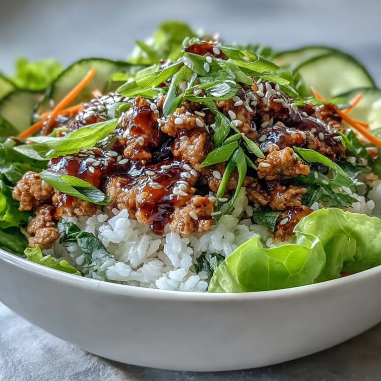 Top-down view of Sesame Turkey Lettuce Wrap Bowls with cucumber ribbons and lettuce leaves ready for wrapping.