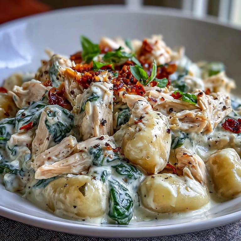 Juicy shredded chicken and fresh spinach fill this Creamy Spinach & Parmesan Gnocchi with Chicken for a comforting meal.