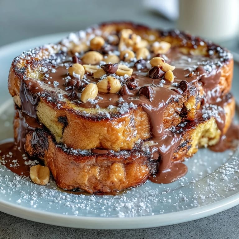 A warm slice of High-Protein Peanut Butter & Chocolate Baked French Toast served on a plate, drizzled with maple syrup and dark chocolate chips.