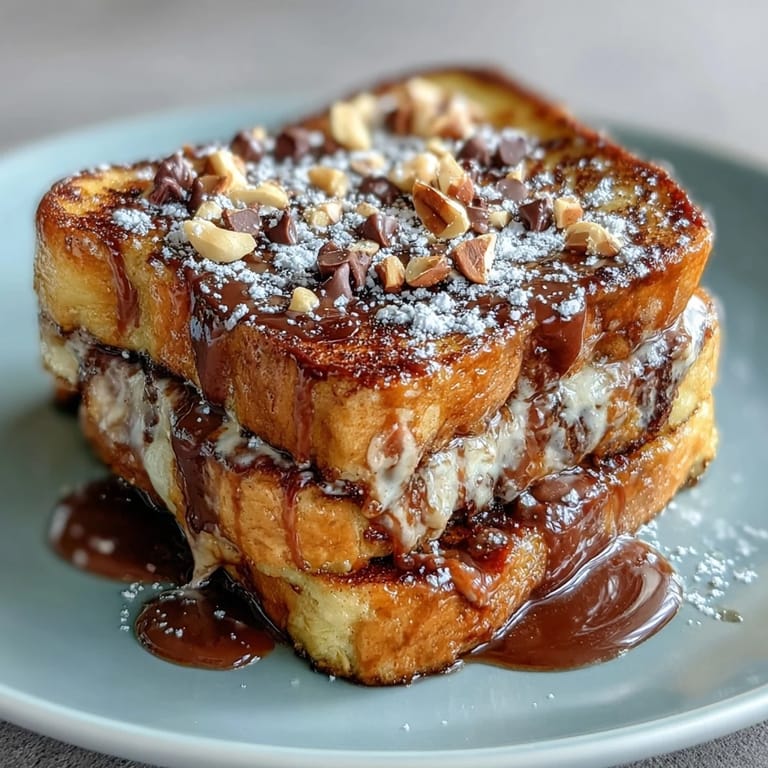 Overhead view of High-Protein Peanut Butter & Chocolate Baked French Toast in a ceramic dish, topped with chopped roasted peanuts and ready to serve.