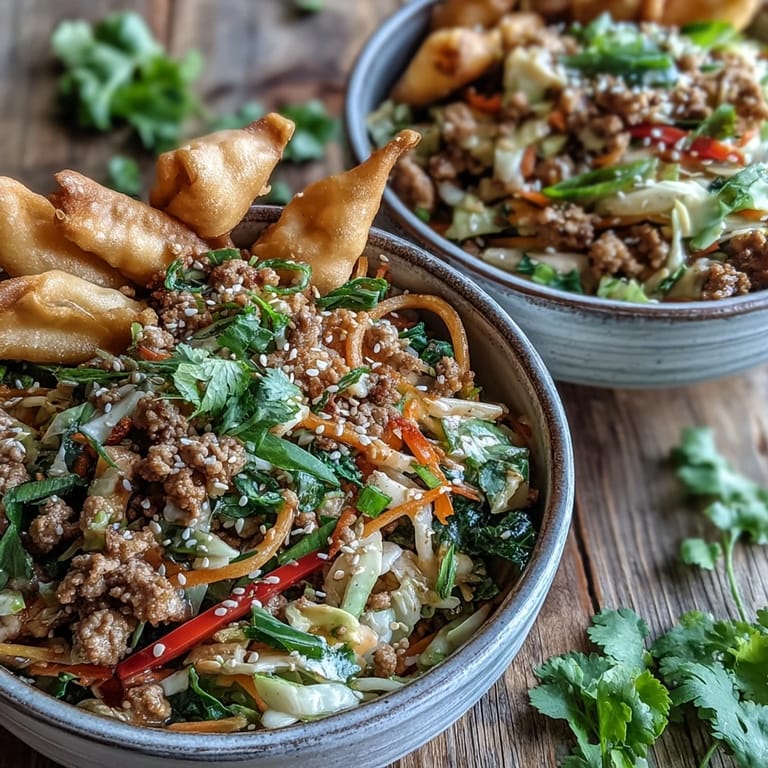 Deconstructed egg roll with turkey, carrots, and cabbage, garnished with sesame seeds and wontons.