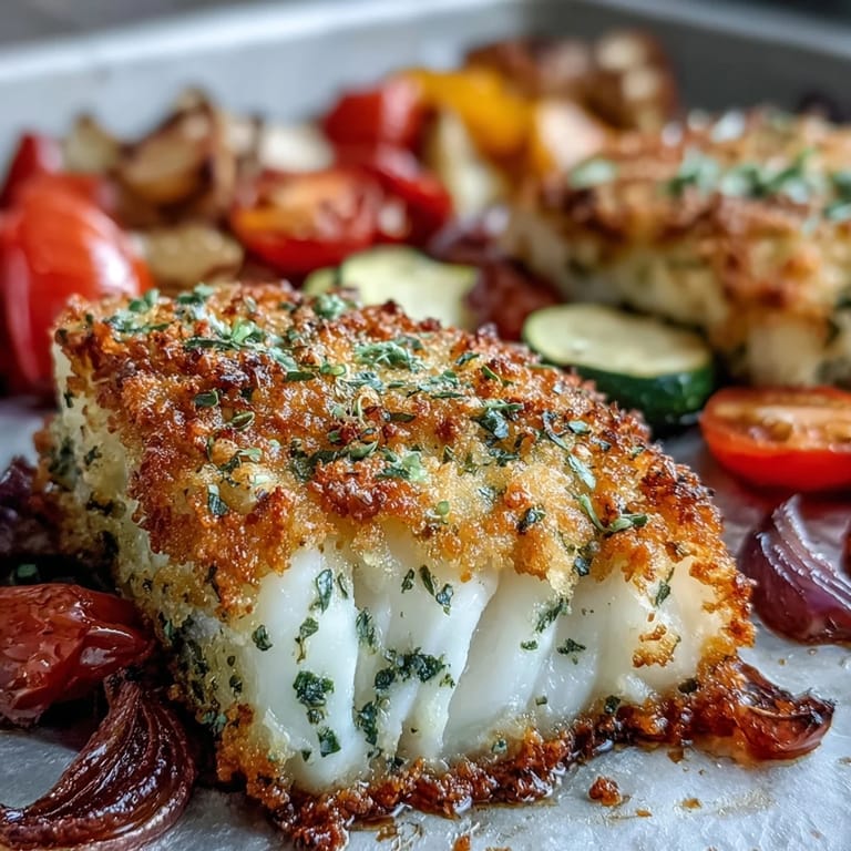 Freshly baked Parmesan Crusted Sheet Pan Fish & Veg garnished with parsley, ready to serve with white wine.