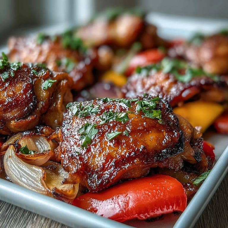 A close-up view of tender Sheet Pan Honey Garlic Chicken with roasted vegetables and soft naan, ready to serve for a weeknight dinner.