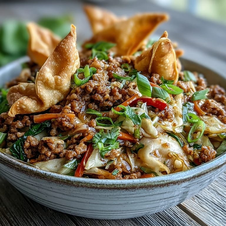 Colorful ground turkey and vegetable stir-fry featuring shredded cabbage, peppers, and green onions in a deconstructed egg roll bowl.