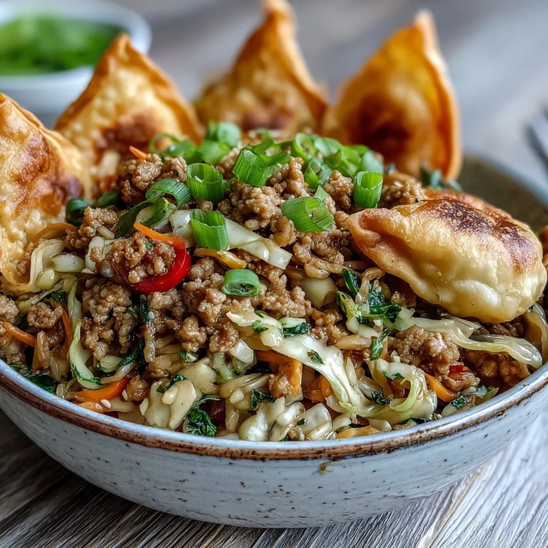 Sizzling skillet of Ranch Turkey & Veggie Egg Roll Bowl with a drizzle of soy sauce and crunchy wonton garnish.
