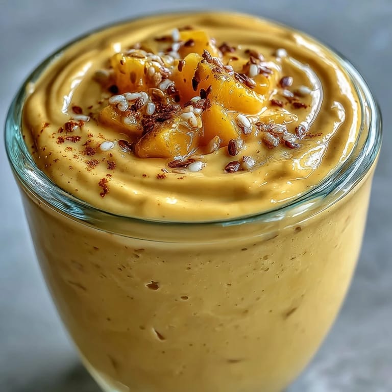 This vibrant Vegan Mango Turmeric Golden Milk Smoothie is topped with a cinnamon sprinkle and served with a straw.