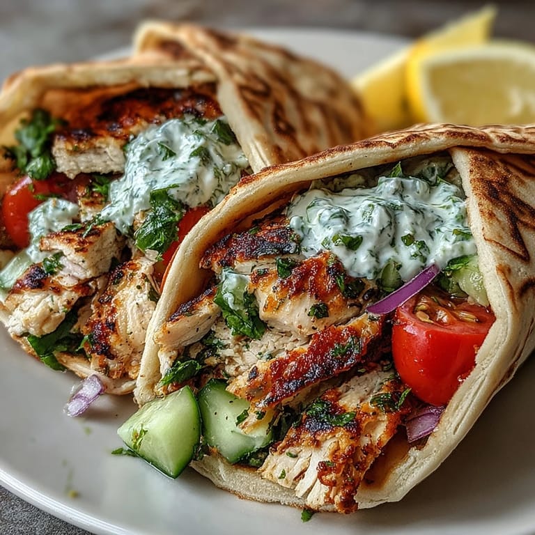 Close-up of juicy Greek chicken pita pockets, showcasing the tangy dill yogurt sauce and colorful salad stuffed inside the soft bread.