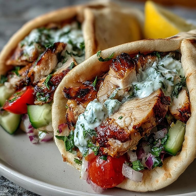 Perfectly assembled Greek chicken pita pockets filled with tender sliced meat, crisp lettuce, and vibrant tomato cucumber salad, ready to serve.