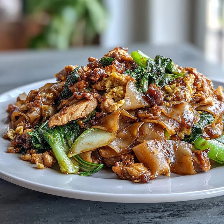 Classic Thai street food dish featuring stir-fried rice noodles, juicy chicken, and crisp Chinese broccoli in a rich, dark soy glaze.  