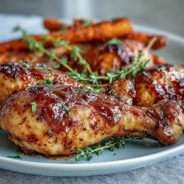 Tender Sheet Pan Honey Garlic Chicken Drumsticks with Roasted Carrots sit beside fluffy rice to soak up the savory honey garlic sauce.