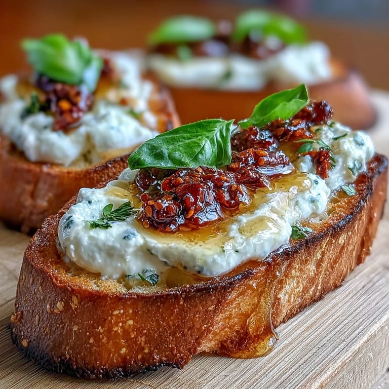 Crispy bruschetta topped with tangy lemon-whipped ricotta, hot honey drizzle, and chili crunch for bold flavor.
