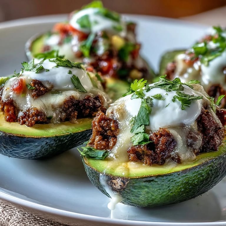 Vibrant keto taco stuffed avocados garnished with sour cream and fresh tomato salsa, perfect for a quick low-carb lunch.