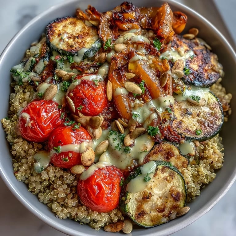 Wholesome grilled veggie and quinoa bowls topped with a zesty tahini drizzle, garnished with fresh parsley and pumpkin seeds.  