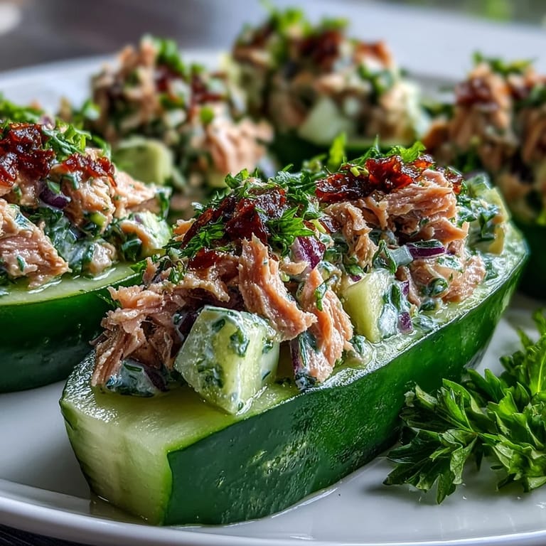 Crisp cucumber halves loaded with zesty tuna-avocado mixture, drizzled with lemon-Dijon dressing for a refreshing low-carb meal.