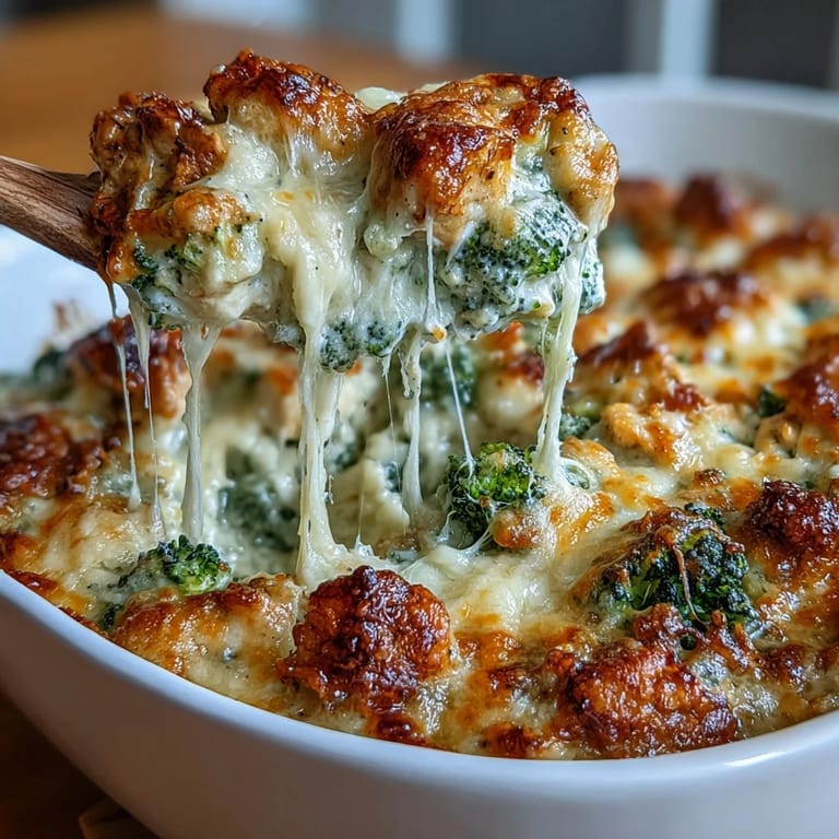Tender chicken and steamed broccoli in a rich, cheesy sauce, topped with bubbling golden cheese in a keto casserole.