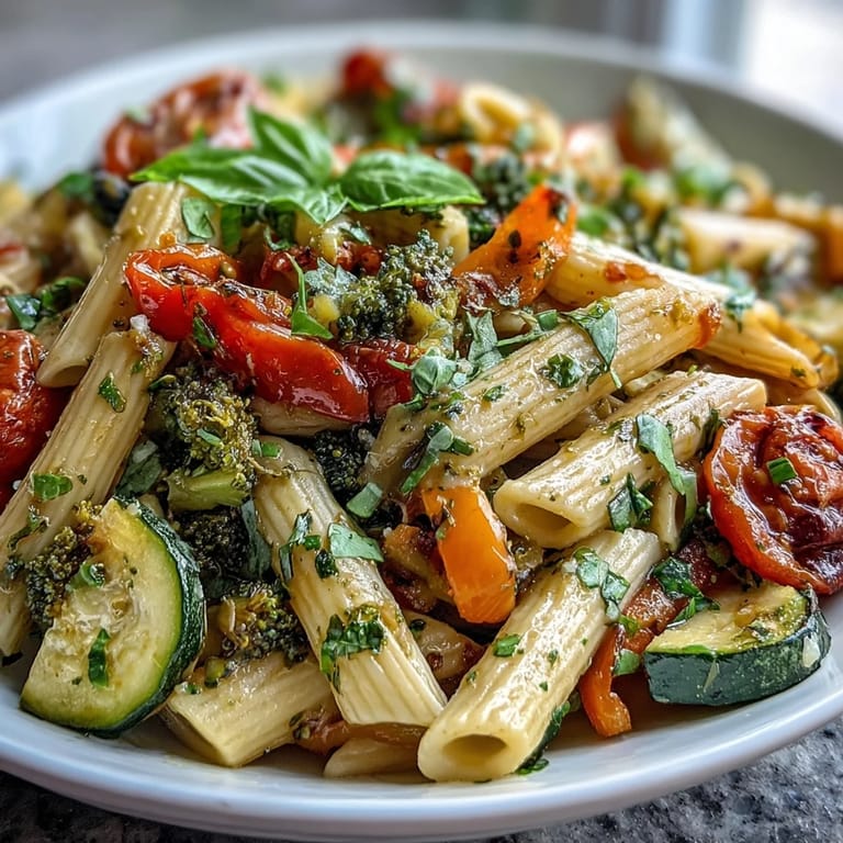 Creamy dairy-free pasta primavera bursting with seasonal vegetables, fragrant basil, and bright lemon flavor for easy weeknight dinners.  