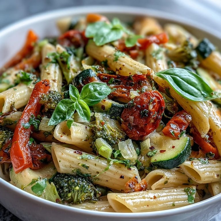 Fresh and flavorful vegan pasta primavera featuring crisp vegetables, aromatic basil, and tangy lemon in a simple one-pot meal.