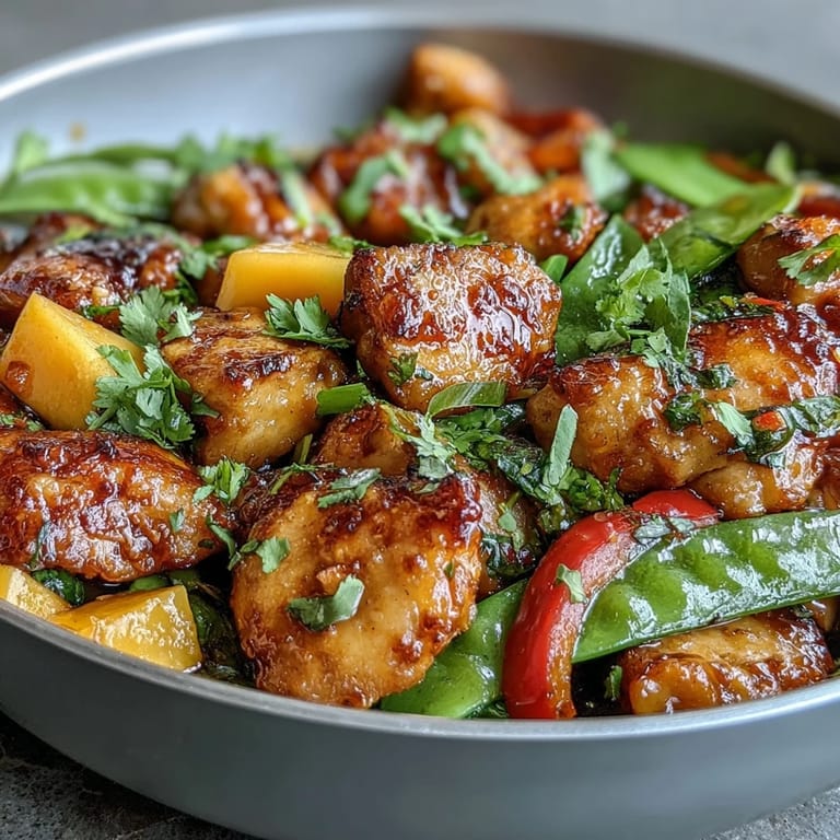 Golden turmeric-marinated chicken stir-fried with juicy mango, crisp snap peas, and bell peppers for a healthy, colorful meal.