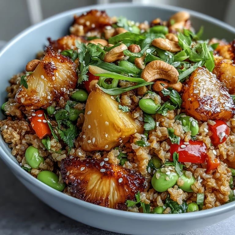 Wholesome cauliflower rice stir-fry with sweet pineapple, edamame, and bell peppers, garnished with crunchy cashews and fresh herbs.  