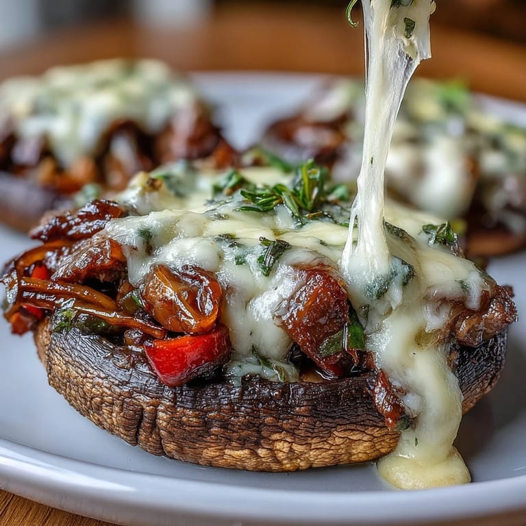 Savory ribeye steak and sautéed peppers nestled in roasted portobello caps, topped with bubbling provolone cheese.  