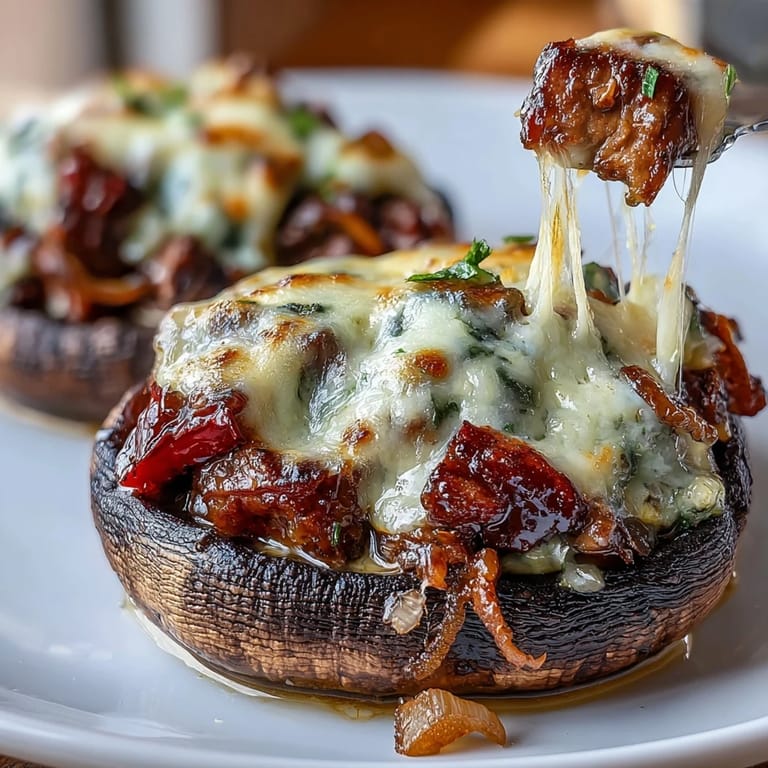 Low-carb Philly cheesesteak stuffed mushrooms with tender steak, colorful bell peppers, and gooey melted mozzarella.